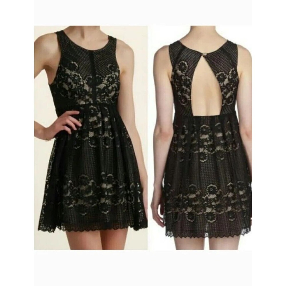 Free People Women's Size 6 Rocco Dress Black Lace Overlay Sleeveless Open Back